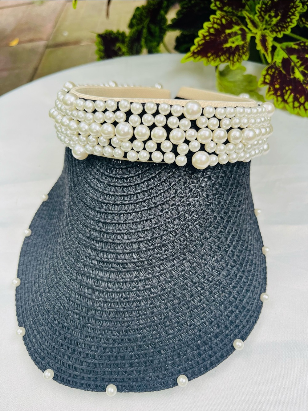 Pearl-Trim Black Straw Visor - Elegant Women’s Sun Hat